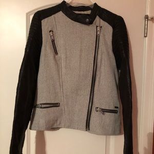 Tweed and leather bomber jacket